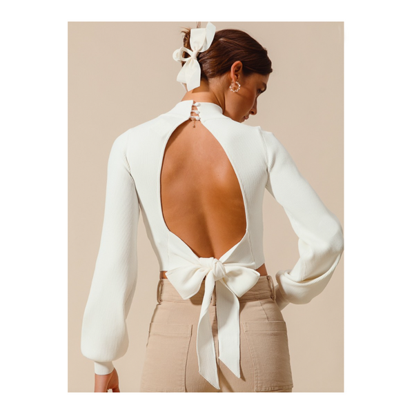 Open Back Tie Bow Mock Neck Puff Sleeve Knit Sweater