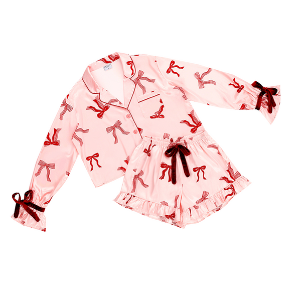 Pink Bow Satin Shorts Pajama Set
