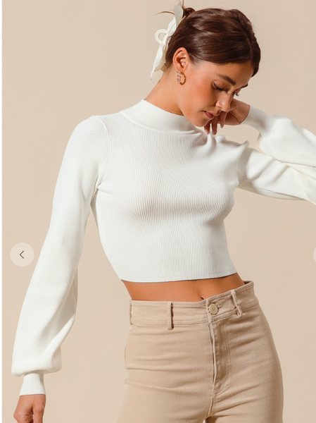 Open Back Tie Bow Mock Neck Puff Sleeve Knit Sweater