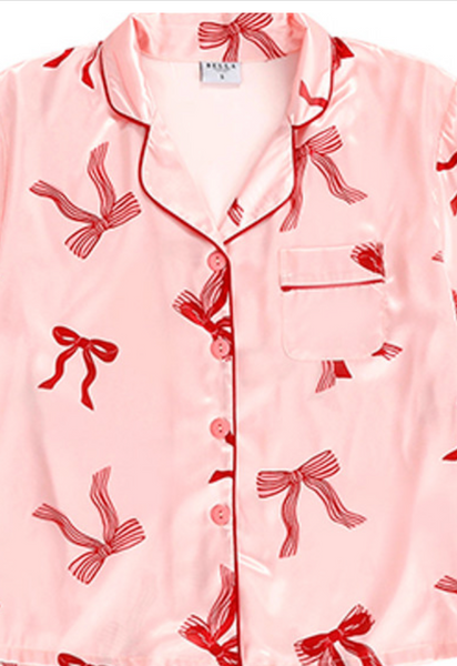 Pink Bow Satin Shorts Pajama Set