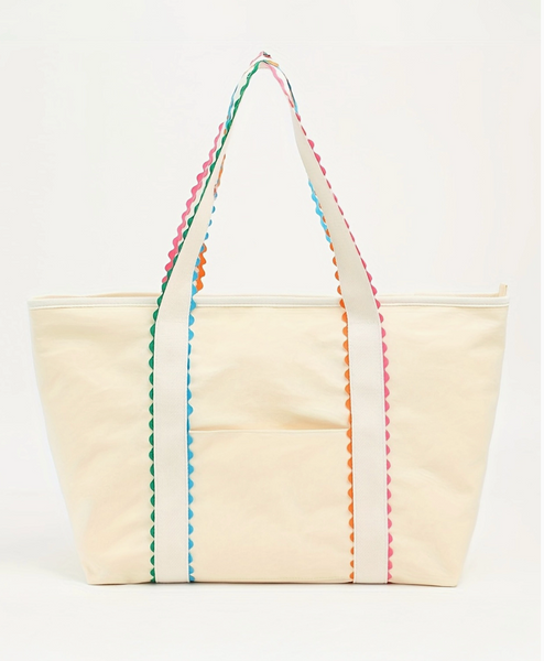 Mahj! Mahjong Embroidered Ricrac Scalloped Rainbow Edge Tote Bag