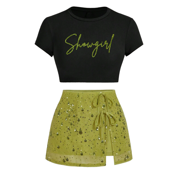 Showgirl Sequin Skirt Crop Glitter Shirt Set