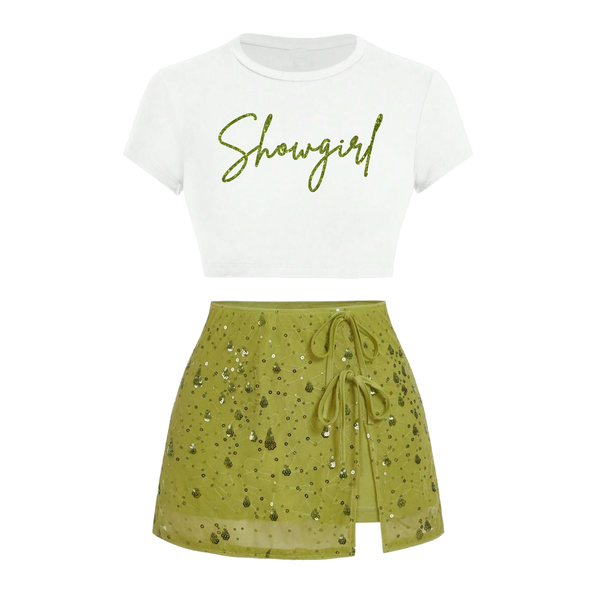 Showgirl Sequin Skirt Crop Glitter Shirt Set
