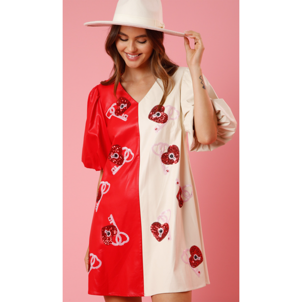 Color Block Lock and Key Faux Leather Dress