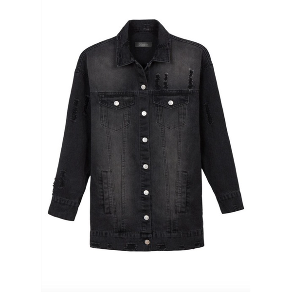 Custom Text Distressed Long Black Denim Jacket