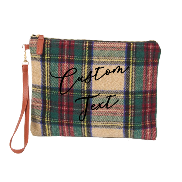 Custom Text Beige and Green Plaid Clutch Bag