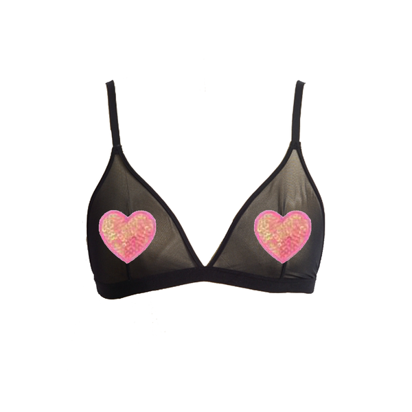 Pink Sequin Heart Pastie Applique Black Mesh Bralette