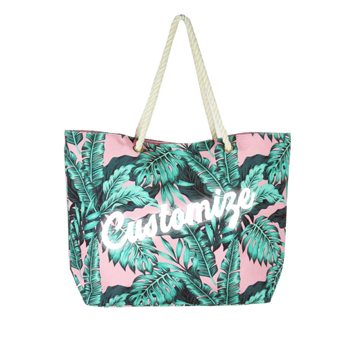 Custom Pink Palm Leaf Print Large Tote Bag