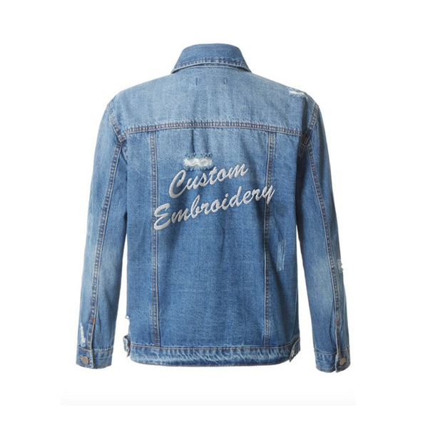 Custom Text Embroidered Distressed Denim Jacket