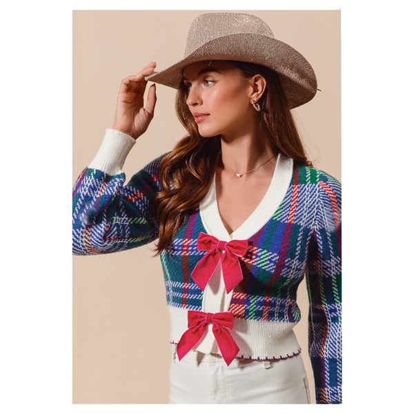 Velvet Bow Ribbon Embellished Cardigan