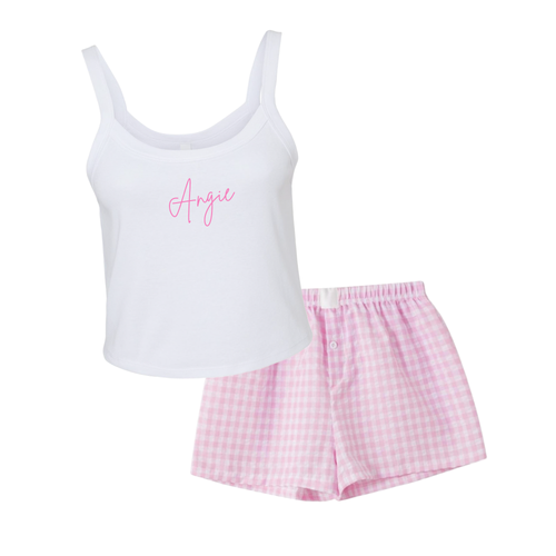 Spaghetti Strap Checkered Boxer Shorts Set