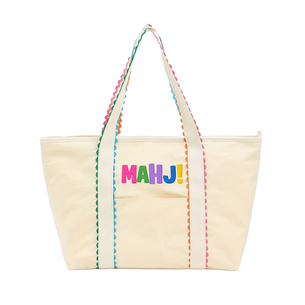 Mahj! Mahjong Embroidered Ricrac Scalloped Rainbow Edge Tote Bag