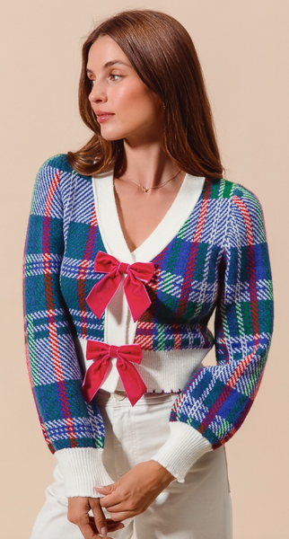 Velvet Bow Ribbon Embellished Cardigan