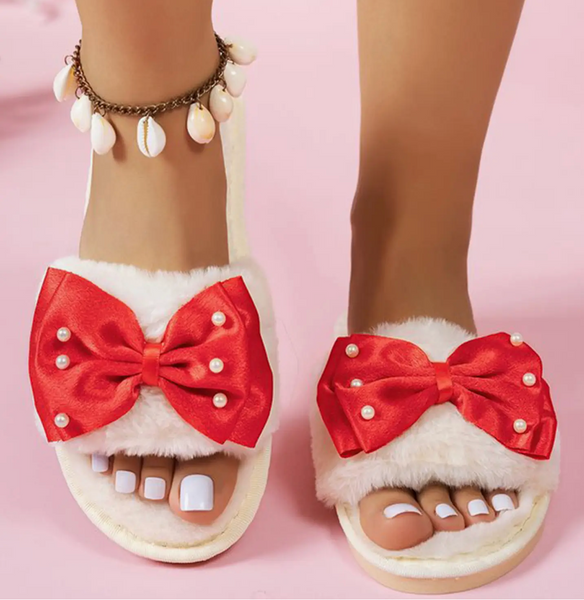 Pearl Embellished Bow Plush Open Toe Lounge Slippers