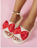 Pearl Embellished Bow Plush Open Toe Lounge Slippers