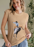 Western Cowboy Embroidery Round Neck Sleeveless Sweater