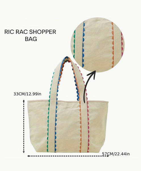 Mahj! Mahjong Embroidered Ricrac Scalloped Rainbow Edge Tote Bag