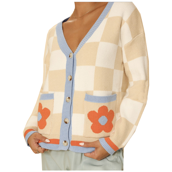 Retro Flower Checkered Cardigan