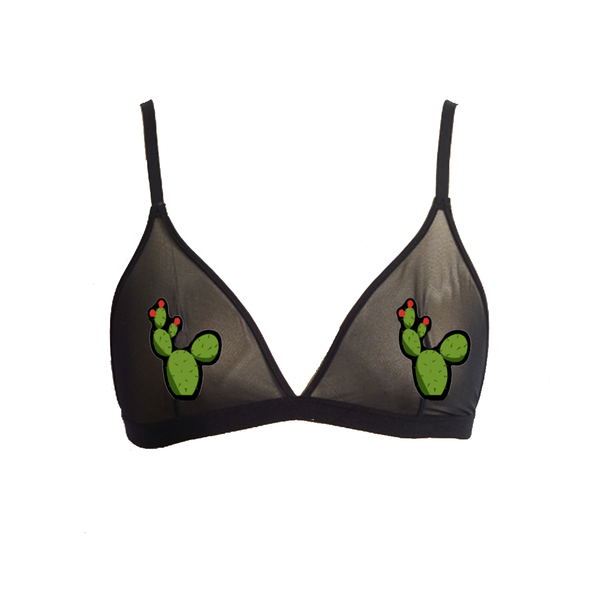 Desert Prickly Cactus Pastie Applique Black Mesh Bralette