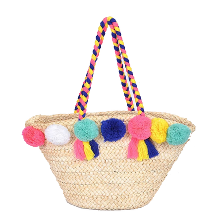 Straw Colorful Pom Pom Beach Bag