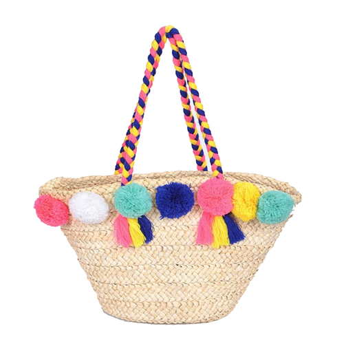 Straw Pom Pom Beach Bag