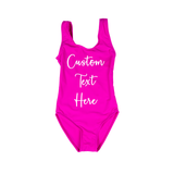 Custom Text Bright Pink Kids/ Youth One Piece Swimsuit