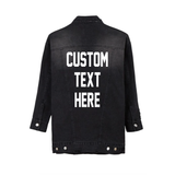 Custom Text Distressed Long Black Denim Jacket