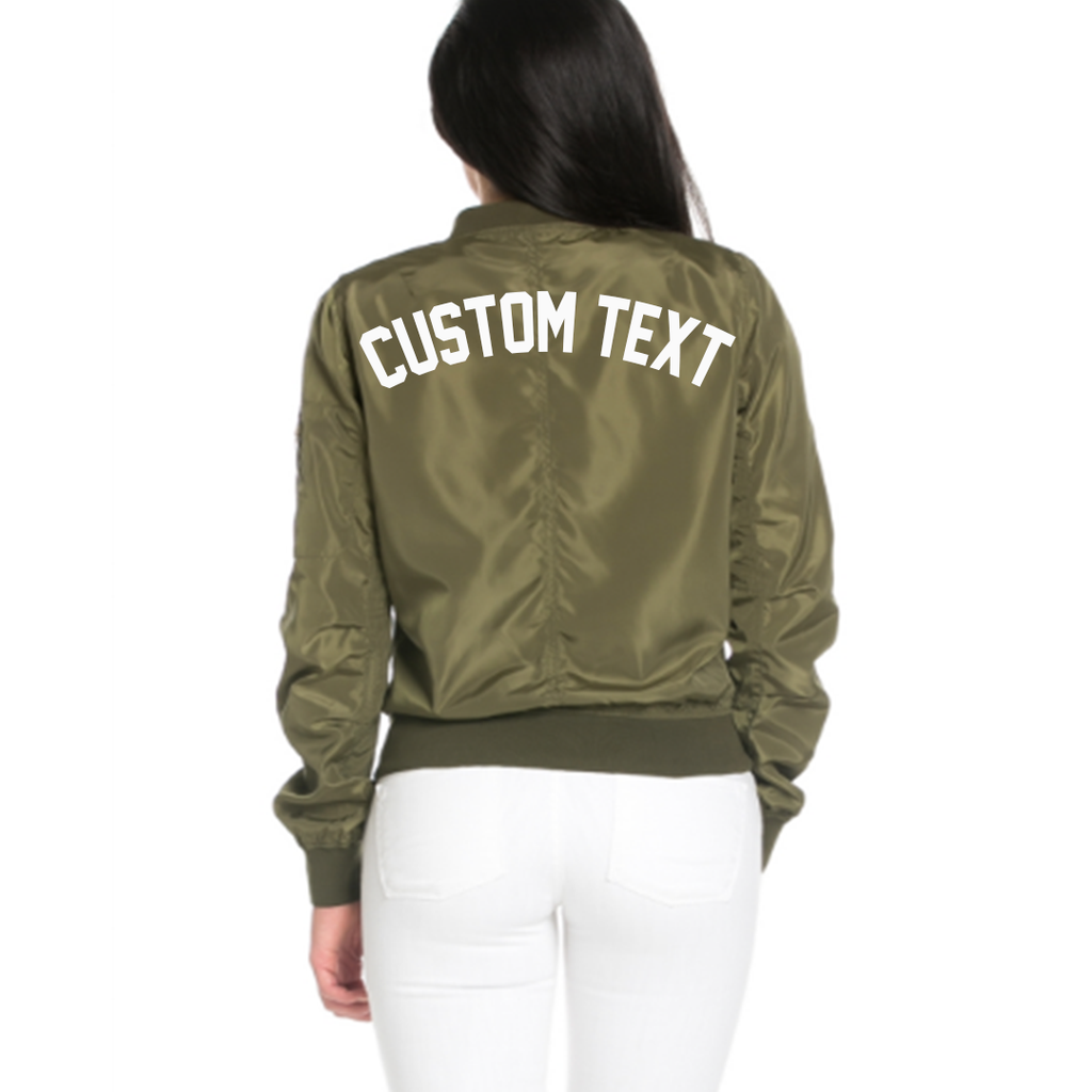 Custom Text Womens Olive Green Bomber Jacket – ADashOfChic