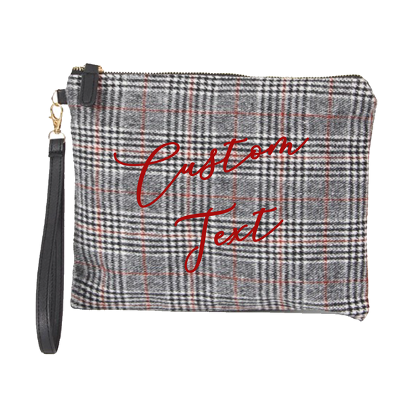 Custom Text Black and Red Plaid Clutch Bag