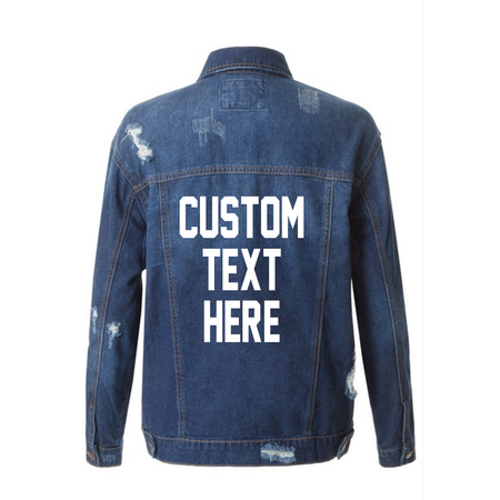 Custom Text Distressed Long Black Denim Jacket