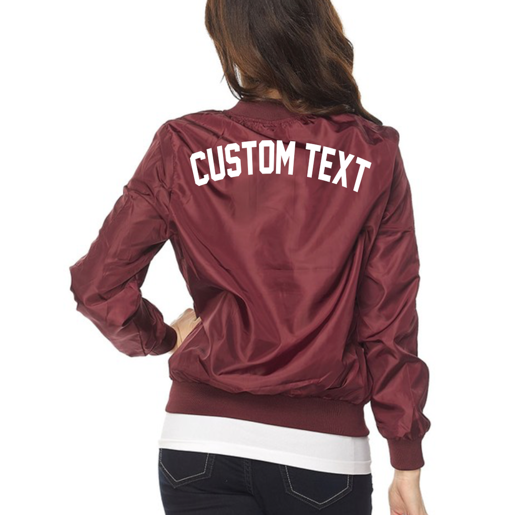 Custom Text Womens Maroon Bomber Jacket ADashOfChic