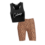 Custom Text Black Crop and Leopard Shorts