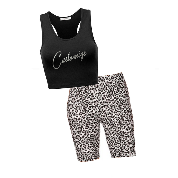 Custom Text Black Crop and Snow Leopard Shorts