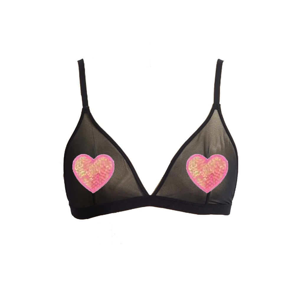Pink Sequin Heart Pastie Applique Black Mesh Bralette – ADashOfChic