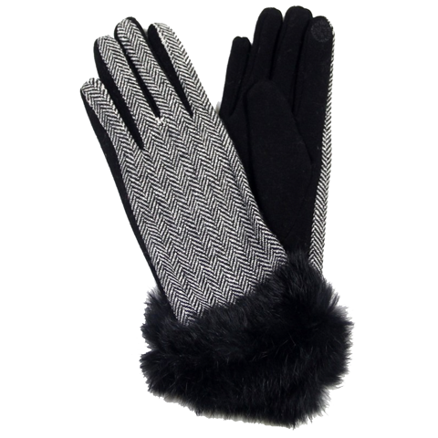 Houndstooth Black and White Gloves with Black Faux Fur Trim