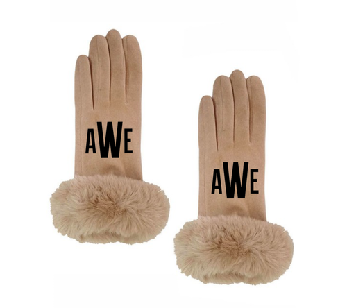 Monogrammed Tan Faux Fur Gloves