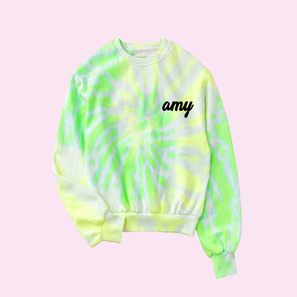 Custom Text Neon Green Crop Tie Dye Sweatshirt