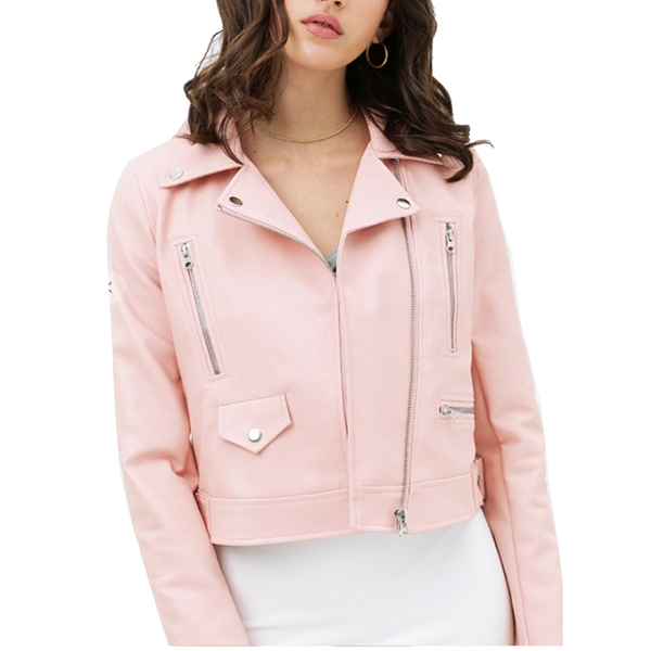 Custom Text Pink Crop Leather Jacket