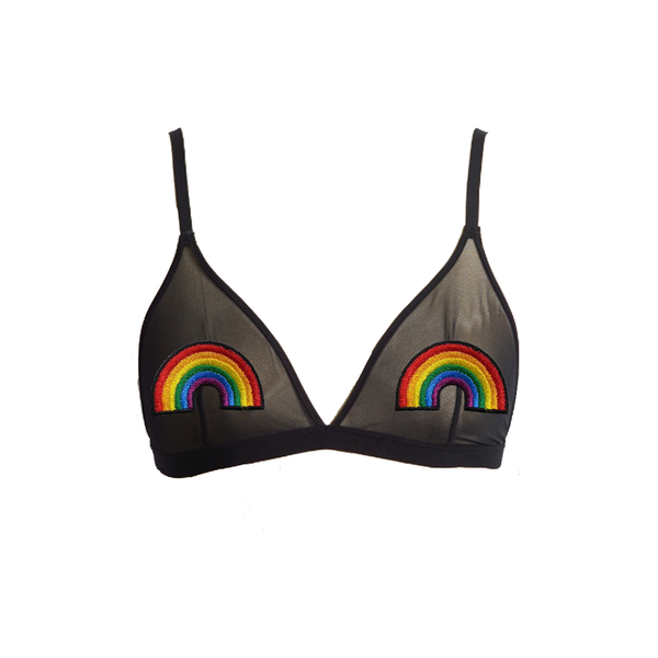 Colorful Rainbow Pastie Applique Black Mesh Bralette