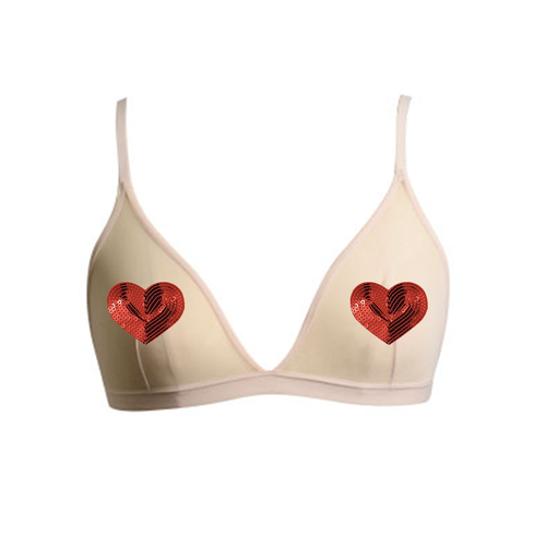 Red Sequin Heart Pastie Applique Nude Mesh Bralette