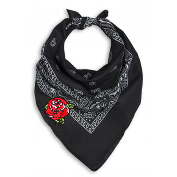 Black Bandana Neck Scarf with Red Rose Embroidered Patch