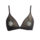 Skeleton Flip Off Finger Pastie Applique Black Mesh Bralette